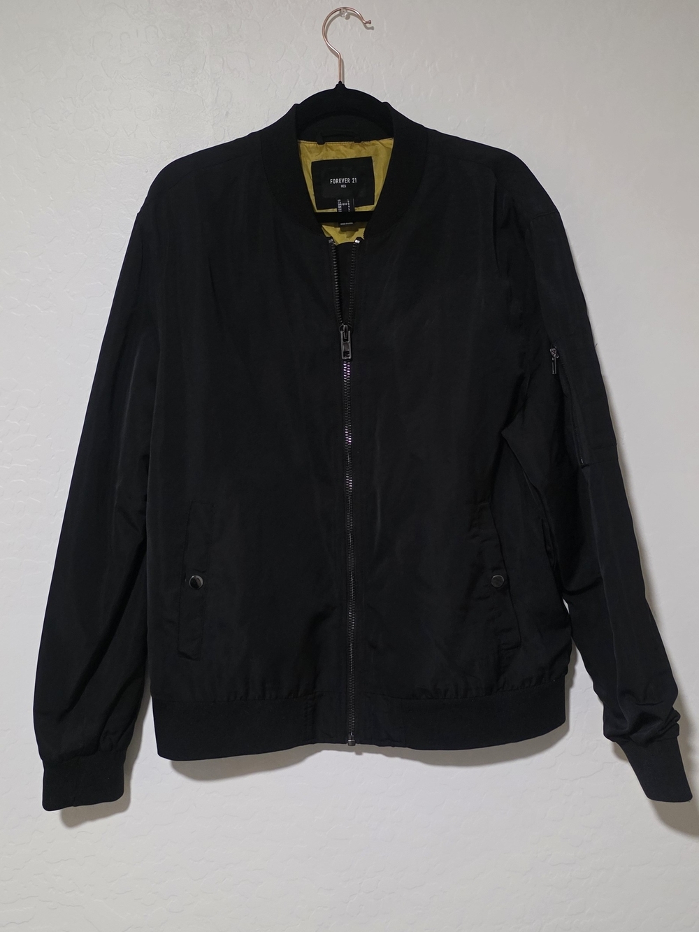 Forever 21 Men's Black Bomber Jacket with Yellow Lining